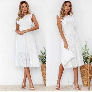 ECOWISH,Romantic Eyelet, White Dress, Ruffle Cap Sleeves Summer, A-Line, Size M
